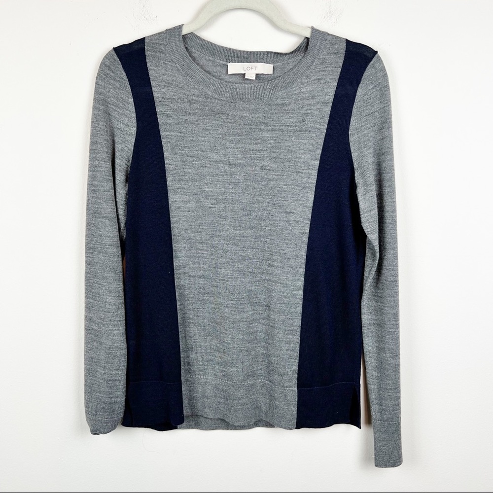 Loft Wool Blend Navy and Gray‎ Color Block Sweater